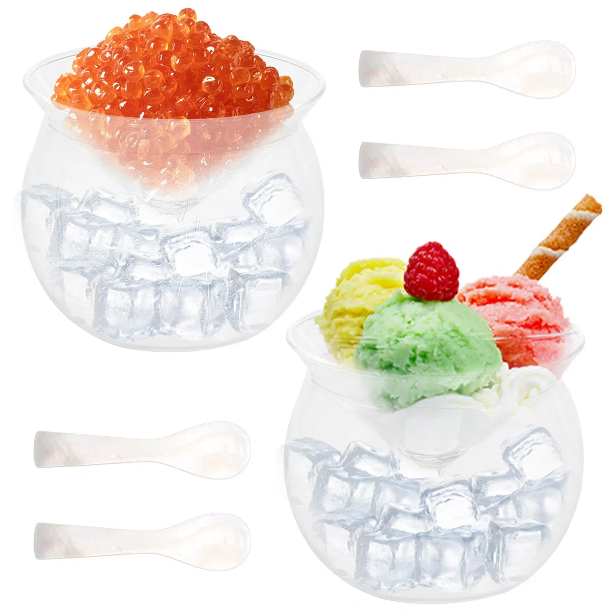 Ciotola per caviale in vetro, 2 pezzi in vetro caviale, set da portata più 4 cucchiai di caviale, set da portata Martini, vino cocktail gelato, refrigeratore per occasioni festive, elegante servire