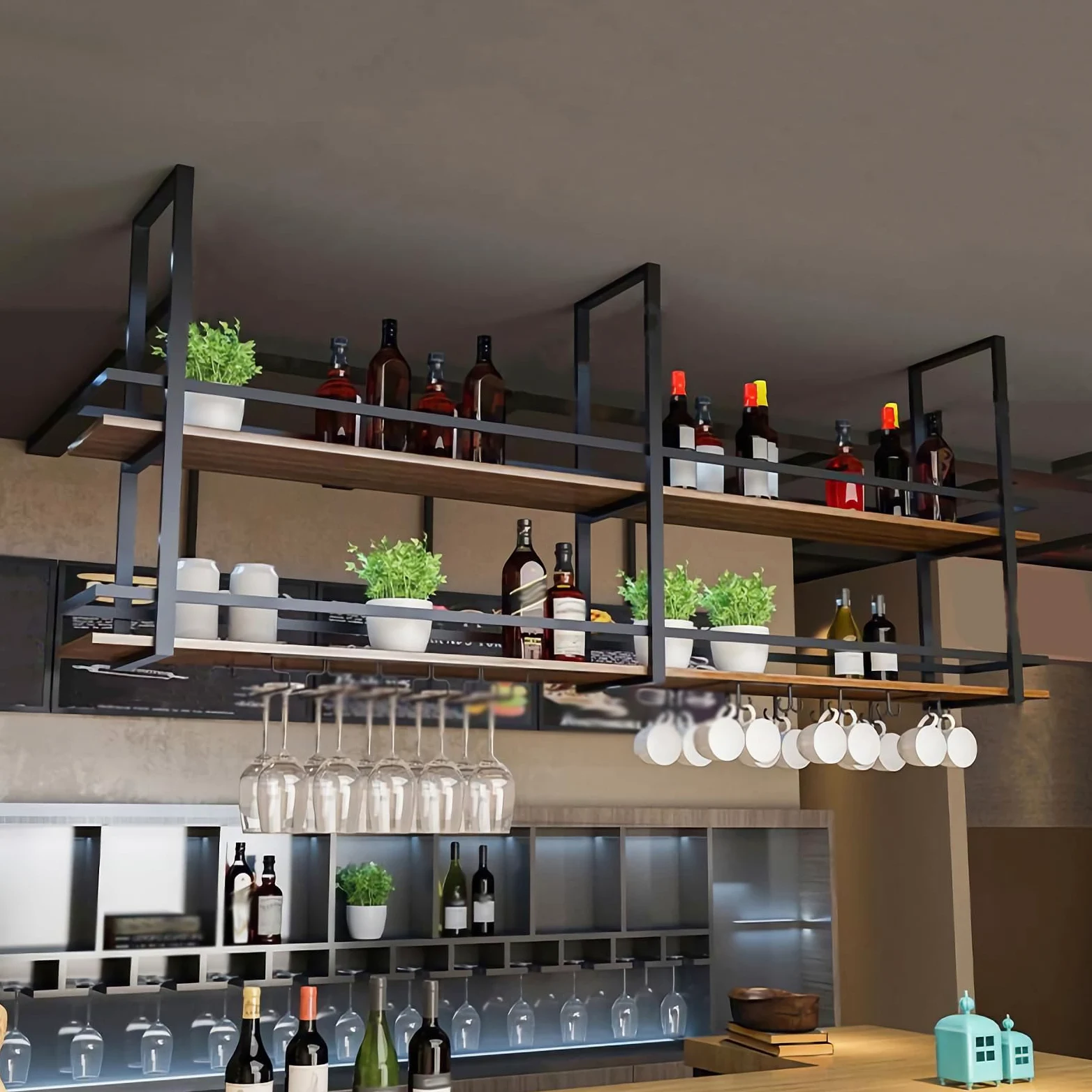 Portabottiglie da Soffitto - Mensola da Soffitto Porta Bicchiere da vino Sospeso, Portabottiglie da Appendere Industriale 2 strati per Cucina Bar Caffetteria (100×30×80cm, Black)