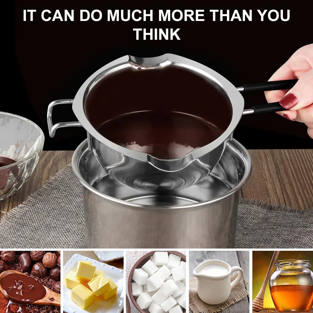 Bagnomaria in Acciaio Inox, 2 Pezzi 400ml Pentolino bagnomaria, 1 Pezzi Cucchiaio in Acciaio Inox, Manico in Silicone, per Cioccolato, Zucchero, Burro, Formaggio, Caramello, Acciaio Inox 304