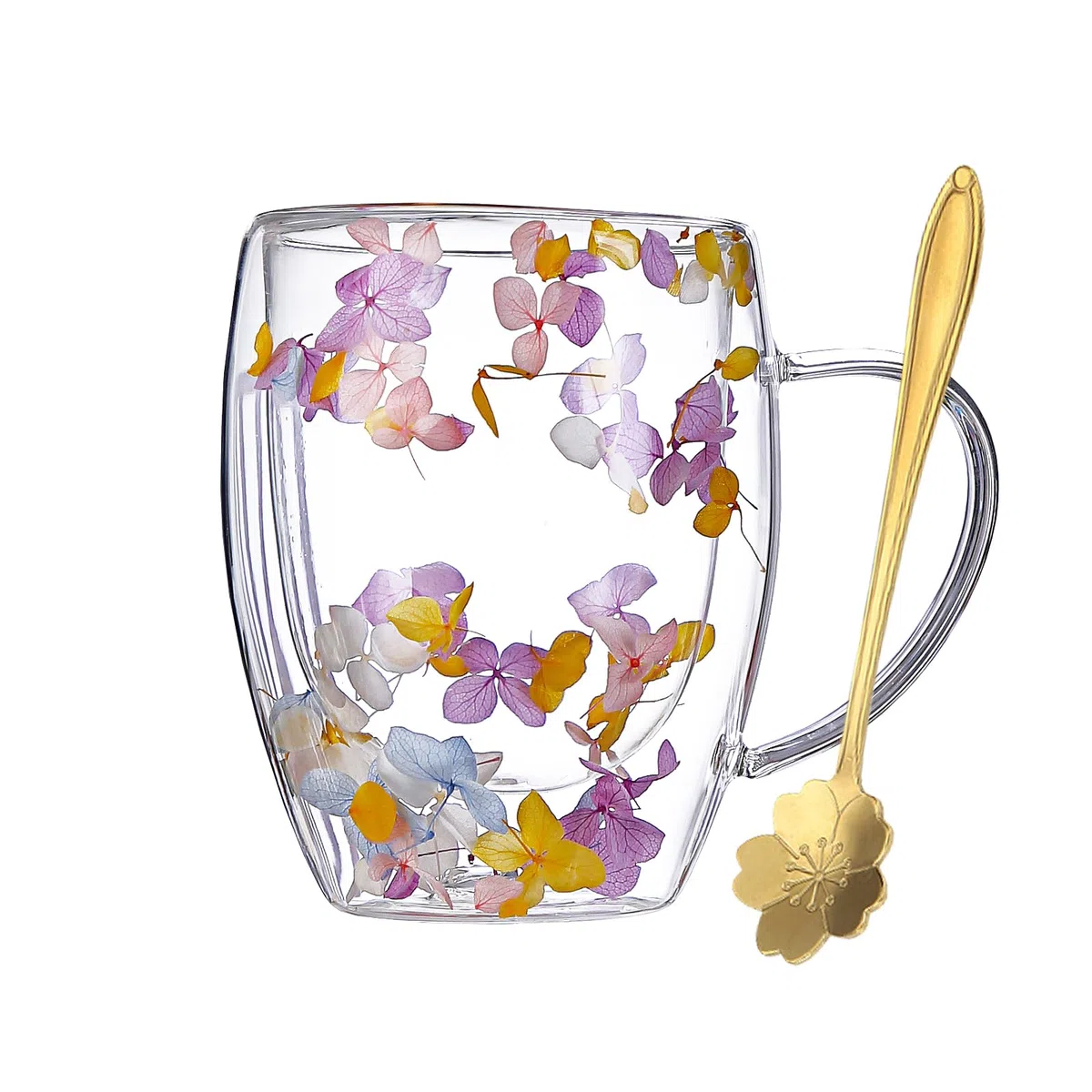 Tazze da Caffè in Vetro a Doppia Parete con Fiori Secchi CHUNLINLAODA-350ml Tazza da Caffè in Vetro con Fiori Secchi Tazze da Caffè a Doppia Parete con Fiori Secchi per Bevande Calde (Rosa Viola)