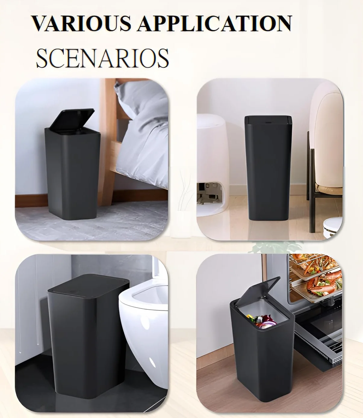 Kongming Pattumiera da bagno, 3 pezzi, da cucina, sottile, 10 l, con coperchio, inodore, per cucina, bagno, ufficio, soggiorno, camera da letto, WC (pattumiera nero)