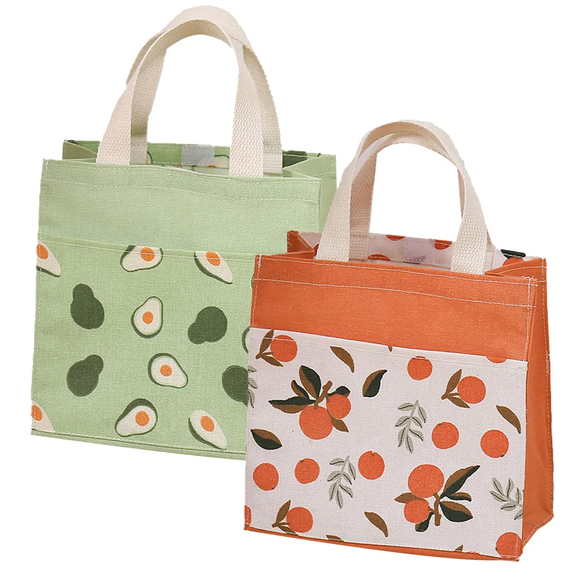 Mini Borsa Tote Tela, 2pz Borsa di Tela Donna Borsa Shopper Cotone, per Uscire Shopping(Verde + Arancio, 22 * 22 cm)