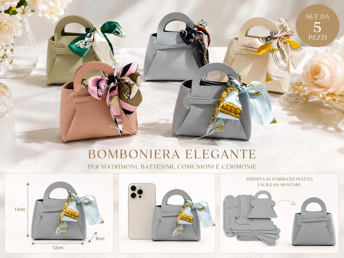 5 Pezzi Mini Borsetta Regalo Portamonete in Ecopelle,Bomboniera Elegante per Matrimonio, Nozze, Porta Confetti e Caramelle (Avorio)
