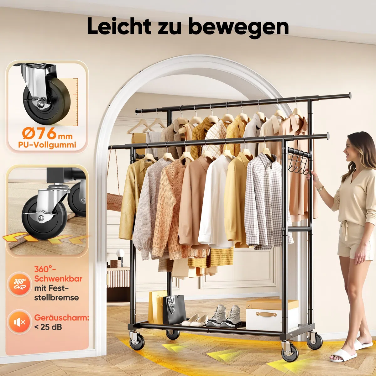 HOKEEPER Appendiabiti a Doppia Astella Resistente 204kg con Ruote e Ripiano, Portatile per Camera da Letto, Lavanderia e Cappotti - Nero