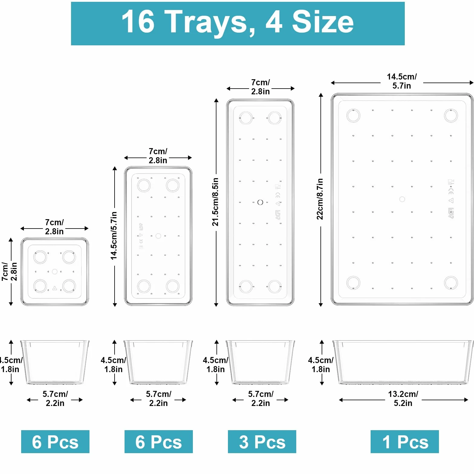 Radikor Organizer Cassetti 16 Pezzi, Contenitori per cassetti in Plastica Trasparente di 4 Dimensioni, Divisori per Cassetti Impilabili per Bagno, Cucina, Trucchi