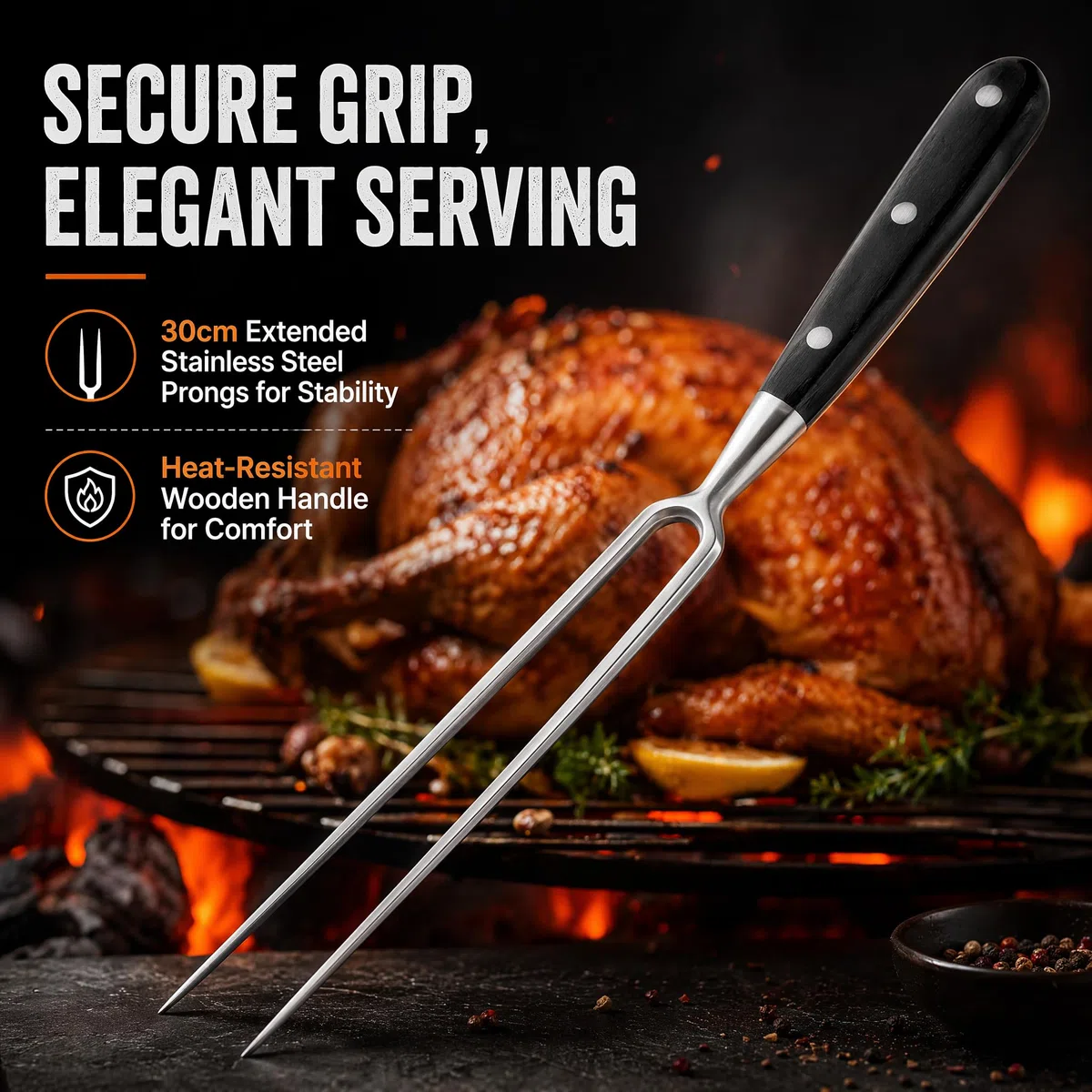 Forchetta da carne in acciaio inox con manico – Forchetta trinciante da 30 cm, Forchetta da portata professionale multifunzionale per barbecue, cucina, tacchino, arrosto cena