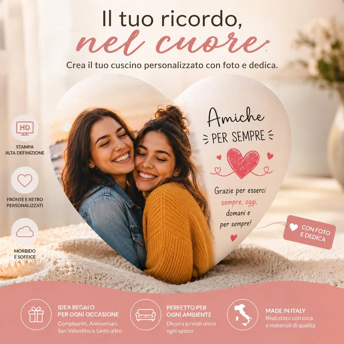 SeeSee Cuscino Personalizzato con Foto e Testo a Forma di Cuore 40x40 cm con Stampa Fronte e Retro Personalizzabile e Imbottitura Inclusa - Idea Regalo Uomo e Donna Compleanno - Made in Italy