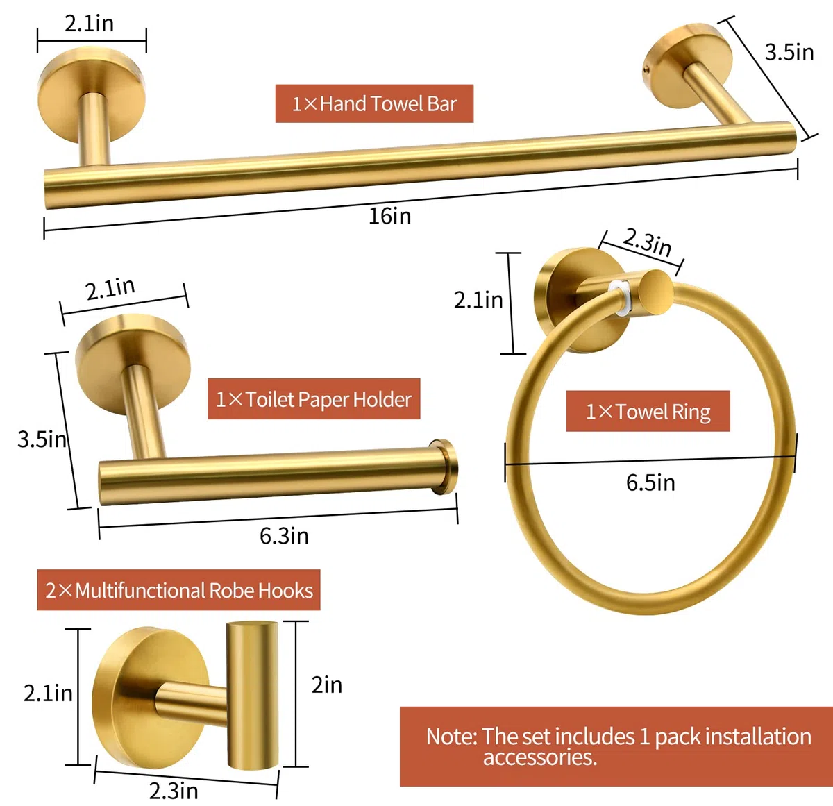 Set di 5 accessori da bagno in oro spazzolato, inclusi barre porta asciugamani da 40,6 cm, porta carta igienica, anelli per asciugamani, ganci per accappatoio