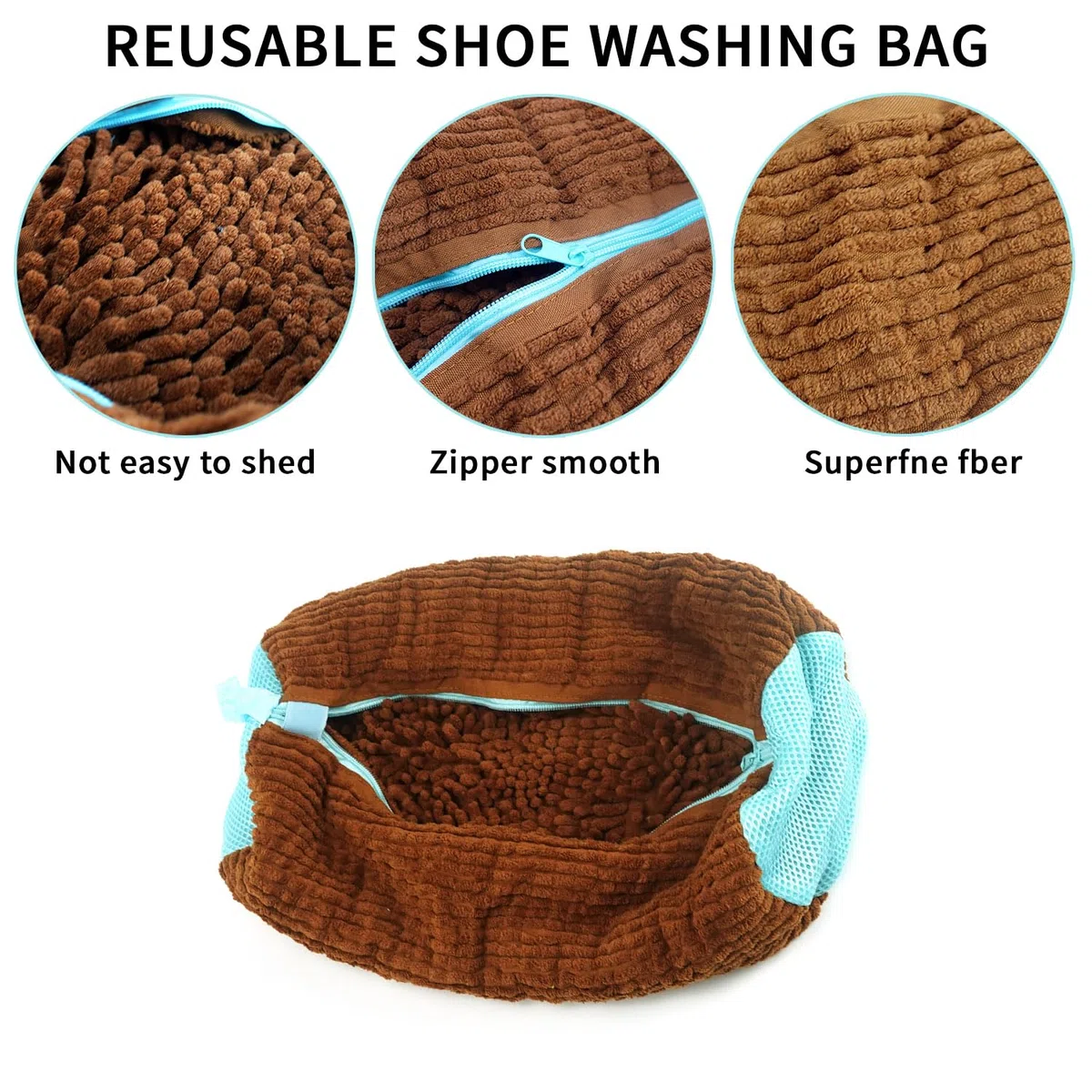 QUMOX Borsa per lavanderia per scarpe per lavatrice e asciugatrice, sacca per lavaggio per scarpe riutilizzabile durevole con peluche copertura con cerniera, confezione da 2 marrone