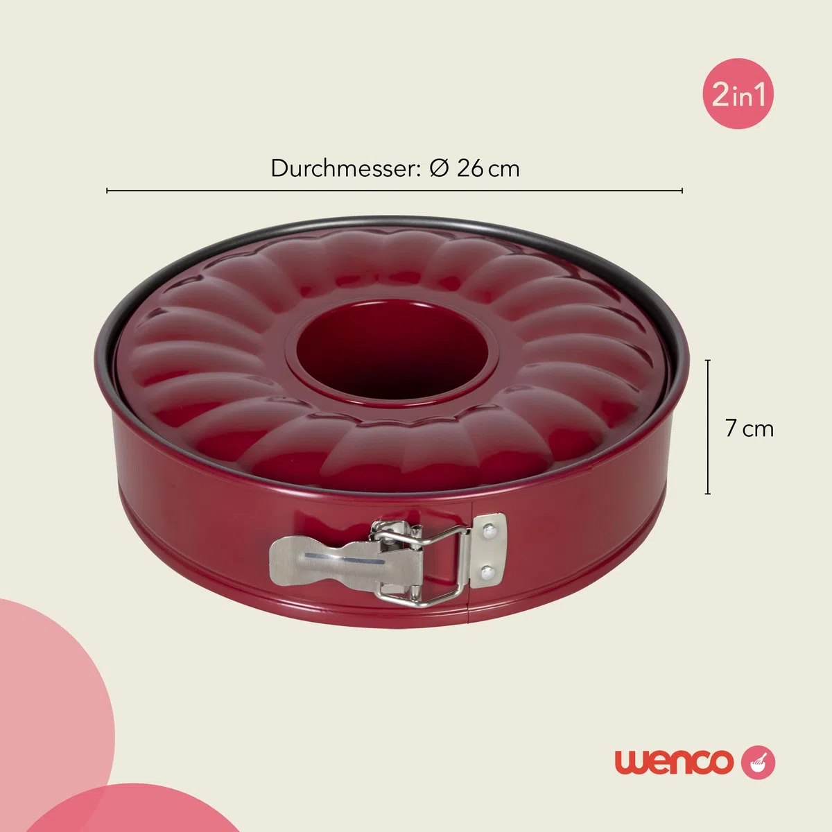 wenco Tortiera a Cerniera Rotonda Ø 26 cm – Stampo per Torte e Dolci con Fondo Piatto e Fondo a Ciambella – 2 Fondi Intercambiabili – Antiaderente, Antigoccia, Rosso