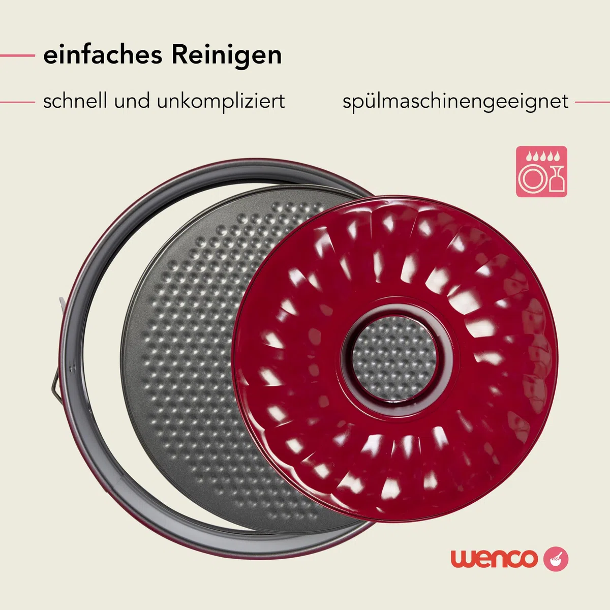 wenco Tortiera a Cerniera Rotonda Ø 26 cm – Stampo per Torte e Dolci con Fondo Piatto e Fondo a Ciambella – 2 Fondi Intercambiabili – Antiaderente, Antigoccia, Rosso
