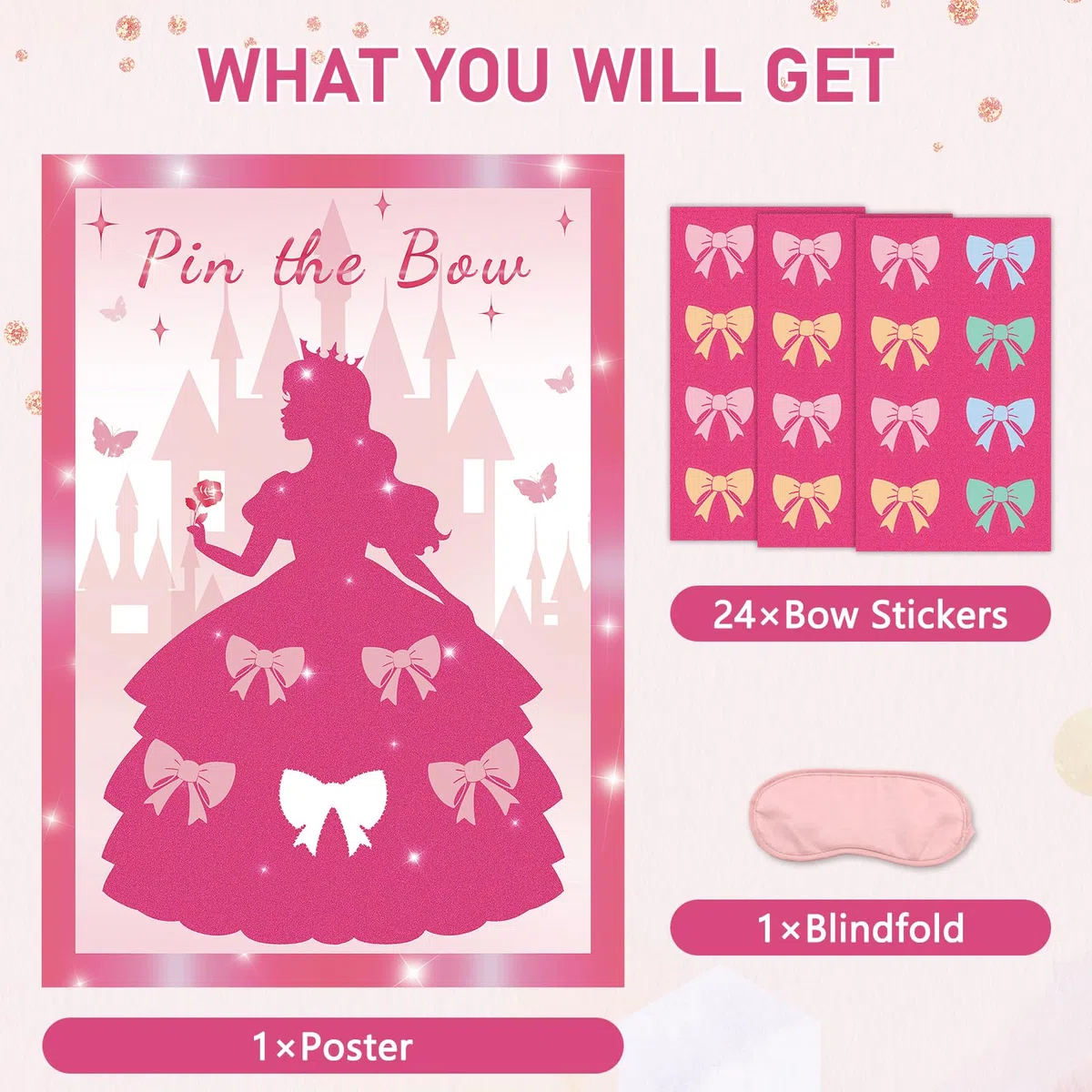 Pin the Bow - Gioco per feste per ragazze e ragazze, poster rosa con 24 adesivi con fiocco, decorazioni per feste di compleanno per bambini, poster A2, 24 giocatori