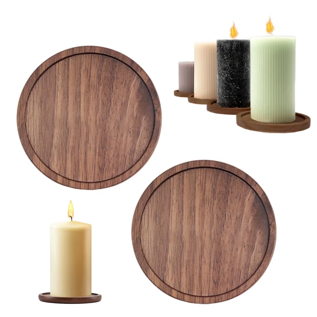 Set da 2 Sottopiatti per Candele in Legno di Acacia - Rotondi Porta Candele per Candele a Colonna, Candele Battesimali, Portacandele (fino a 7 cm di Diametro) (6cm, 7cm)