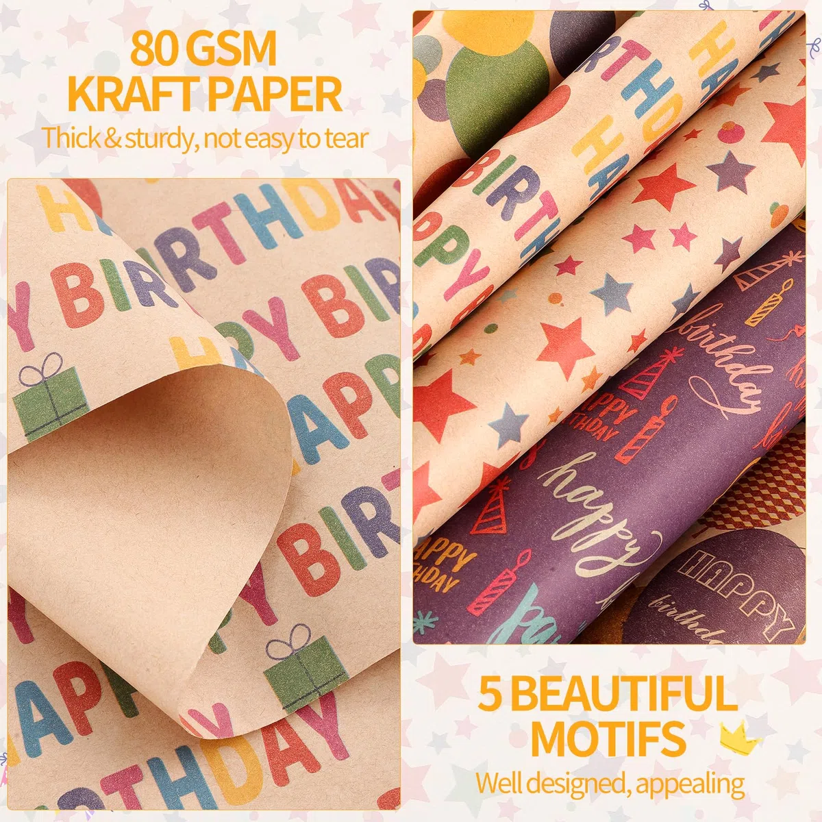 woric 5 rotoli di carta da regalo di compleanno, 43 cm x 3 m rotolo di carta da regalo kraft regalo per baby shower festa di compleanno (accessori all'interno del rotolo di carta da imballaggio)