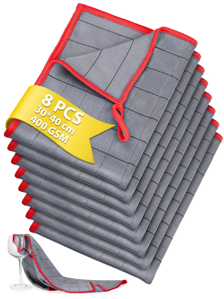Euqvunn Panni Microfibra in Fibra di Carbonio, 8 Pezzi, 30 x 40 cm, 400GSM, Senza Pelucchi, Motivo a Griglia per Sporco e Grasso Ostinati, per Casa, Cucina, Auto e Pulizia Vetri – Rosso