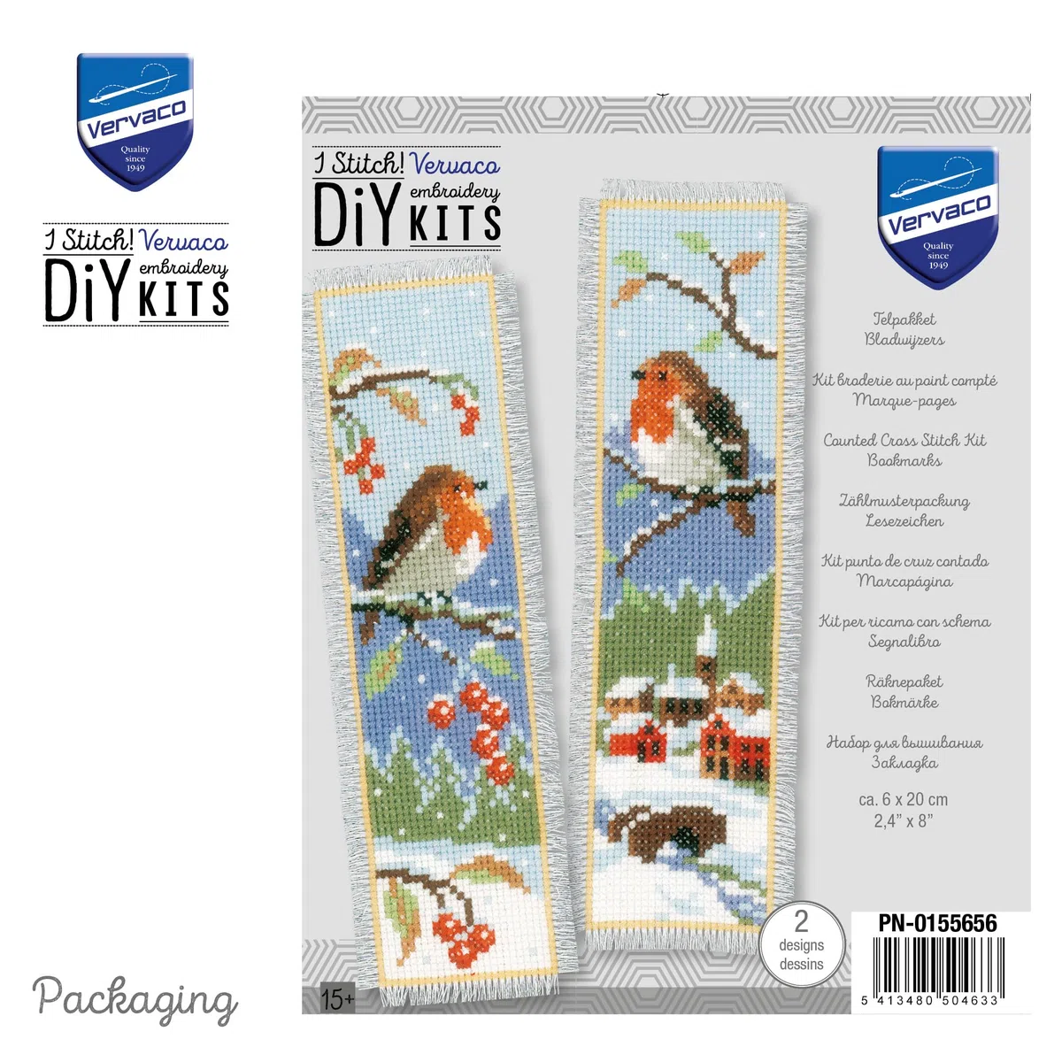 VERVACO Kit Punto Croce Segnalibri Contato PETTIROSSI Set da 2 Segnalibri Punto Croce da Ricamare 6 x 20 cm Set Fai da Te Creativo Adulti Ricamo Accessori per Lavoretti Creativi
