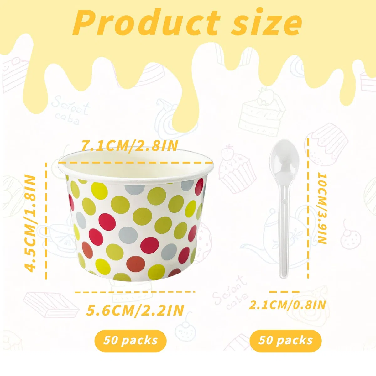 Coppette Gelato, 50 Pezzi Coppe Gelato Carta con 50 Cucchiaio Gelato, Bicchieri Gelato Carta, per Torte, Dessert, Frutta, Zuppa, Snack (Punti colorati)