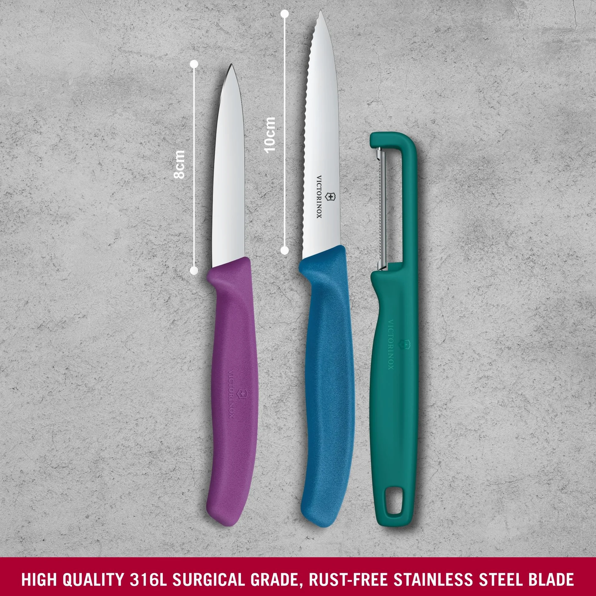 Victorinox Swiss Classic Set di coltelli per verdure con pelapatate, spelucchino e coltello per pomodori, 3 pezzi, lama diritta e seghettata, acciaio inox, Colorato