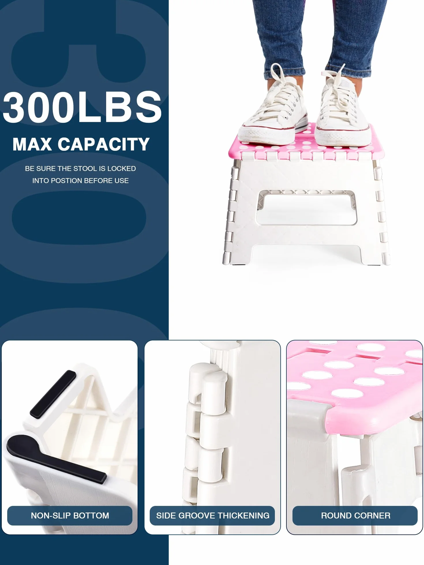 HOUSE DAY Sgabello Pieghevole in Plastica - Leggero per Bambini e Adulti, 23 cm, Antiscivolo, Resistente (Rosa e Grigio)