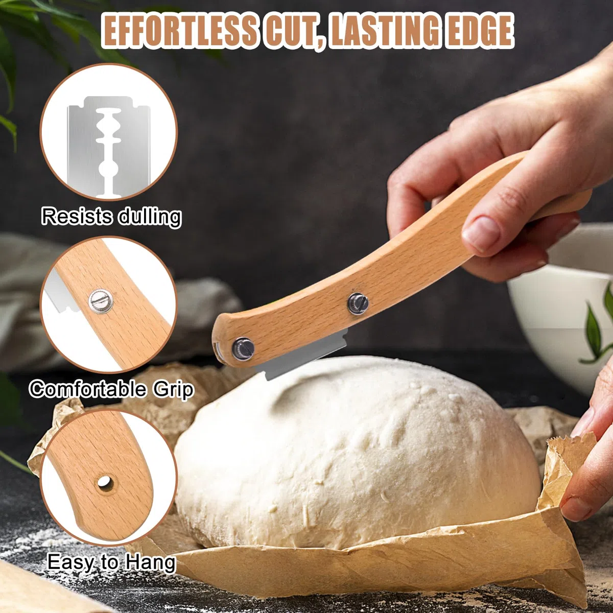 Set di 6 Taglierino per Pane - incl. Lama per Pane con 10 Lametta Sostituibili & Custodia Protettiva, Frusta Danese a Mano, 2 Spatola per Pasta, Pennello, Accessori per Panificazione
