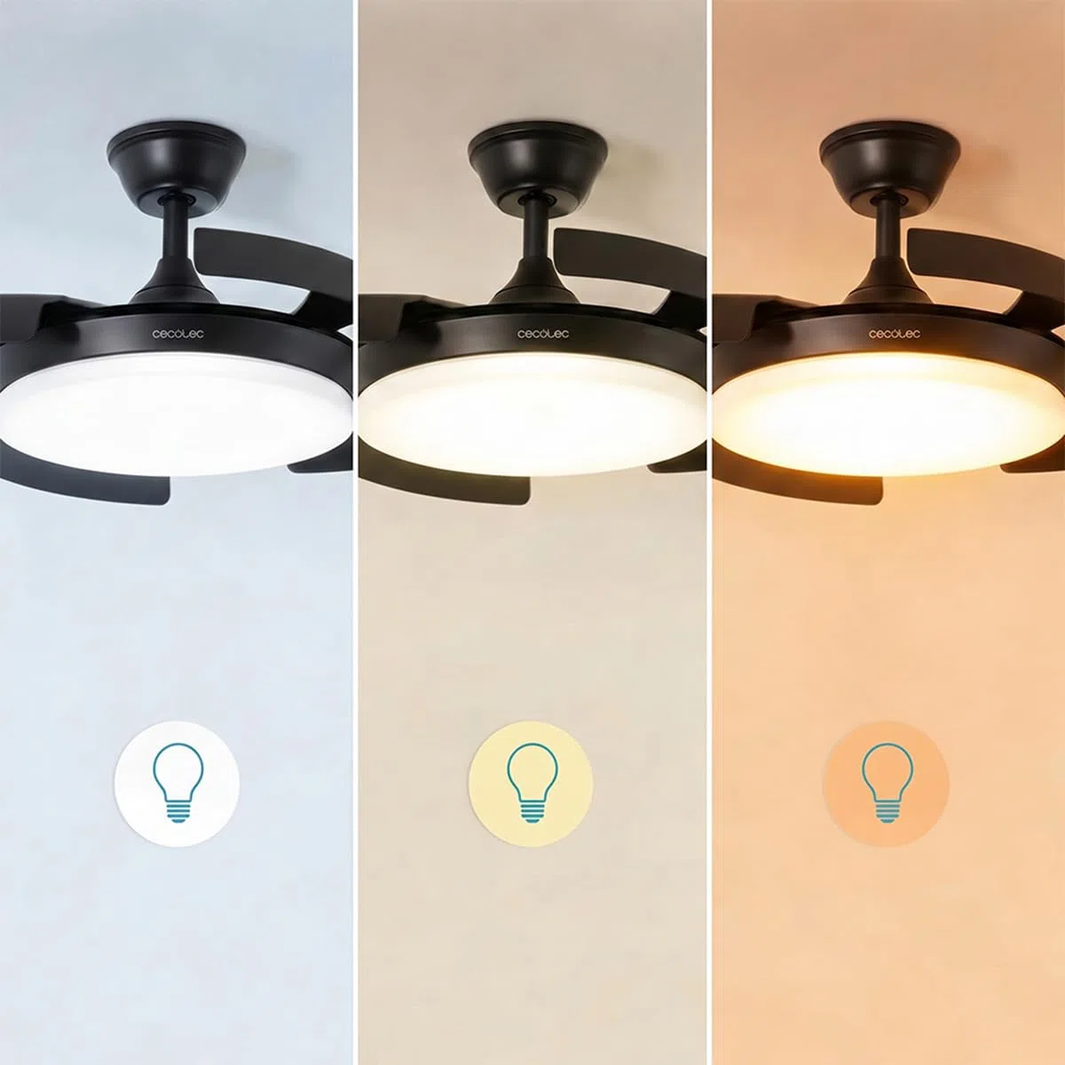 Cecotec Ventilatore da Soffitto con Luce Pale Retrattili EnergySilence Aero 4500 Puzzle Invisible Silver.30W, Motore DC, Diametro 42", LED, Telecomando, Timer, Funzione Estate/Inverno, Fresco Uniforme
