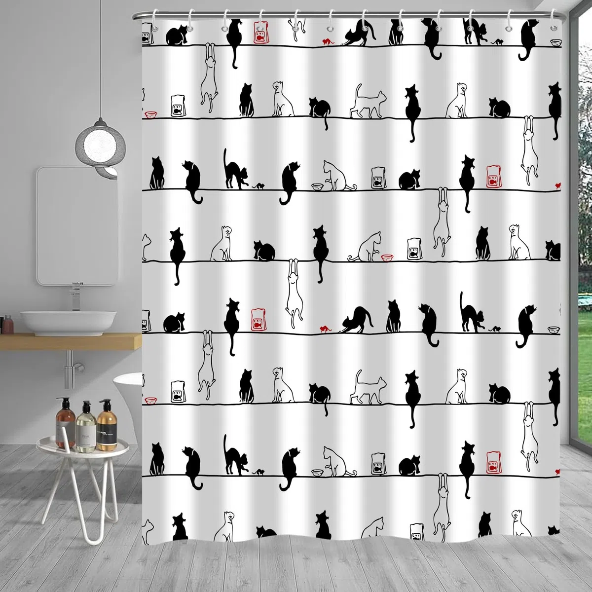 Bianco e Nero Gatto Tende da Doccia 180x180cm Cartone Animato Divertente Gatto Semplice Animale Tenda da Doccia Impermeabile Lavabile in Poliestere con 12 Ganci per Bagno, Vasca da Bagno