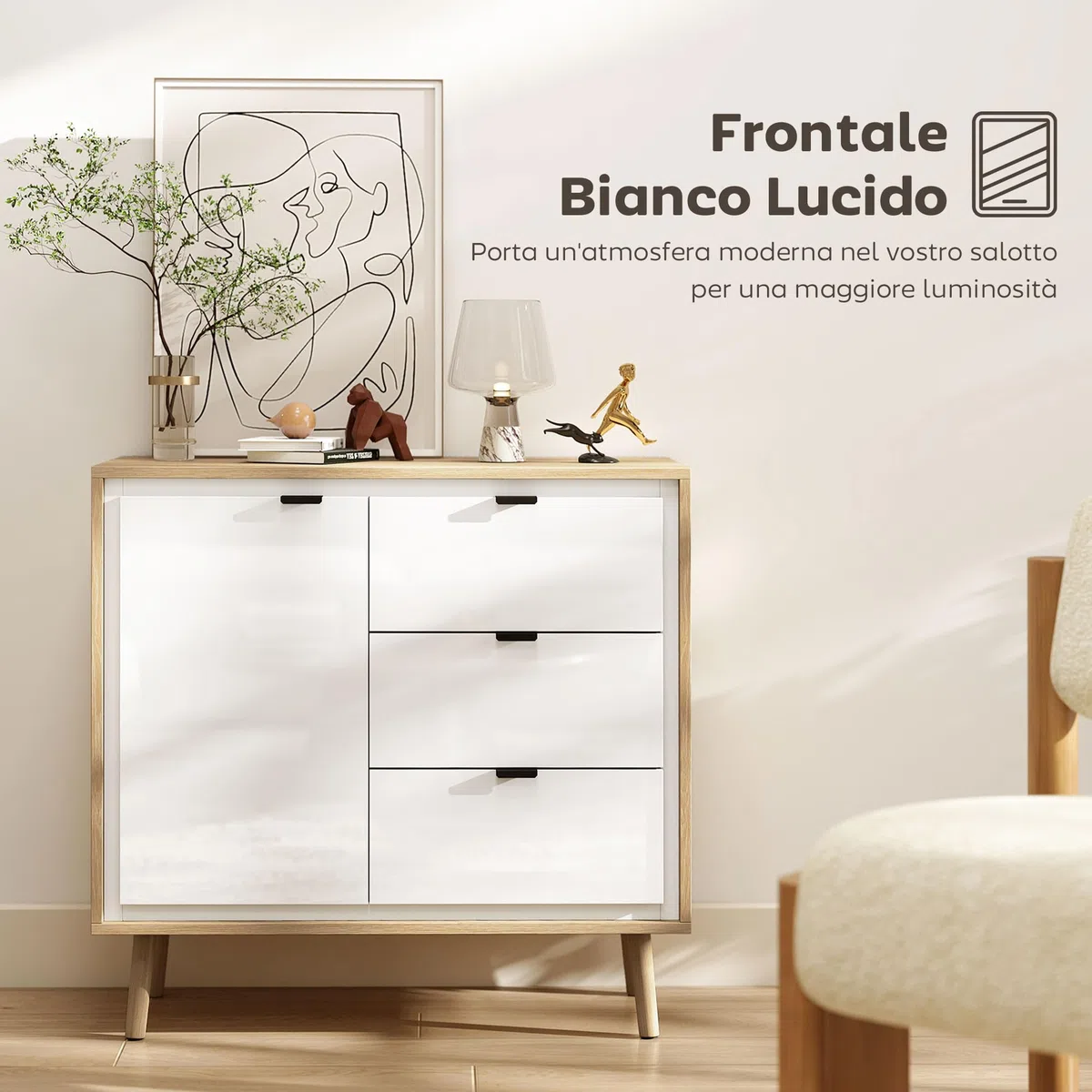 HOMCOM Credenza Cucina con 3 Cassetti e Armadietto, Mobile Cucina Moderno con Ripiano Regolabile, Credenza Buffet per Soggiorno, Sala da Pranzo e Salotto, 80x35x77 cm, Bianco Lucido e Rovere