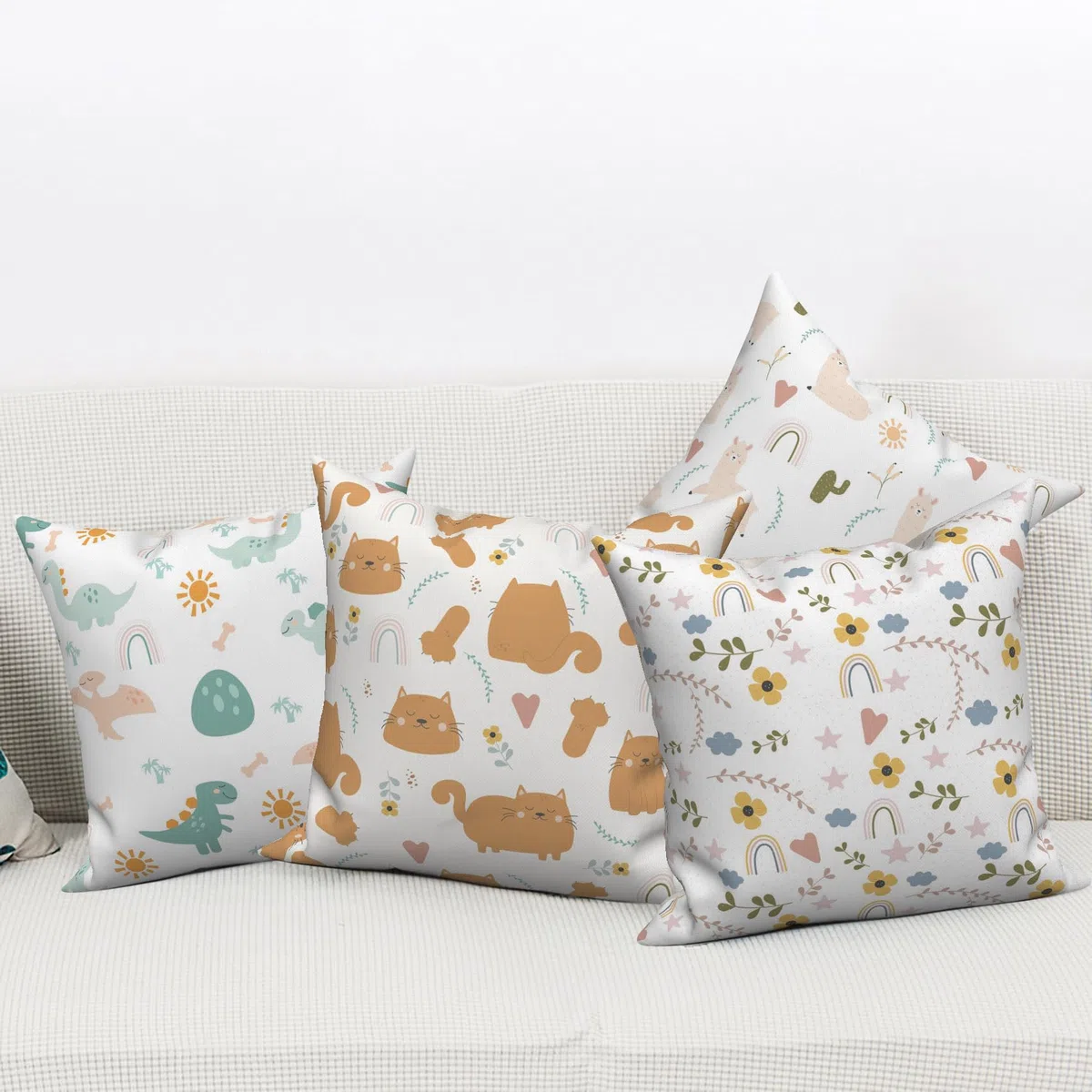 Set di 4 federe per cuscino per bambini, 40 x 40 cm, simpatici animali, dinosauro, gatto, alpaca, fiore, cuscino decorativo, lavabile, in poliestere, lino, per esterni