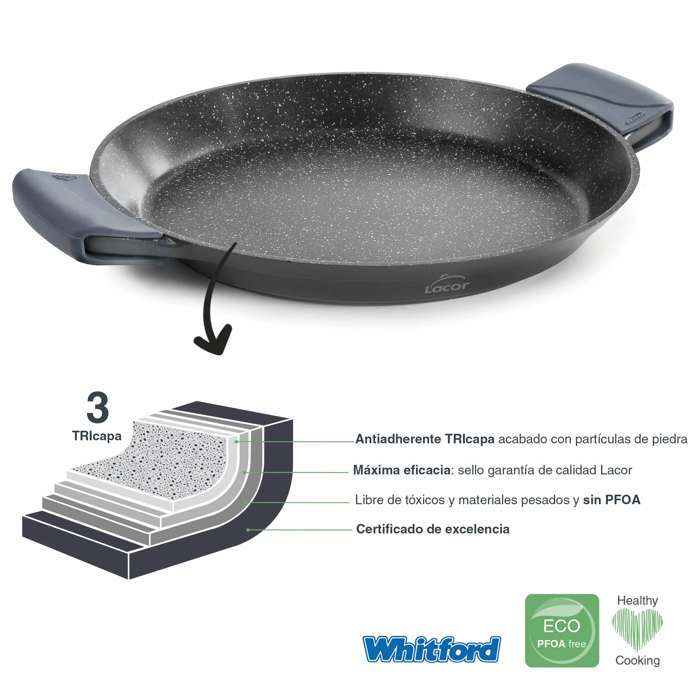 Lacor - 25440 - Paellera antiaderente, Eco-Stone, Compatibilità con tutti i tipi di cucine, tra cui induzione e forno, Sfondo Full Induction, Ecologico e senza PFOA, 40 cm