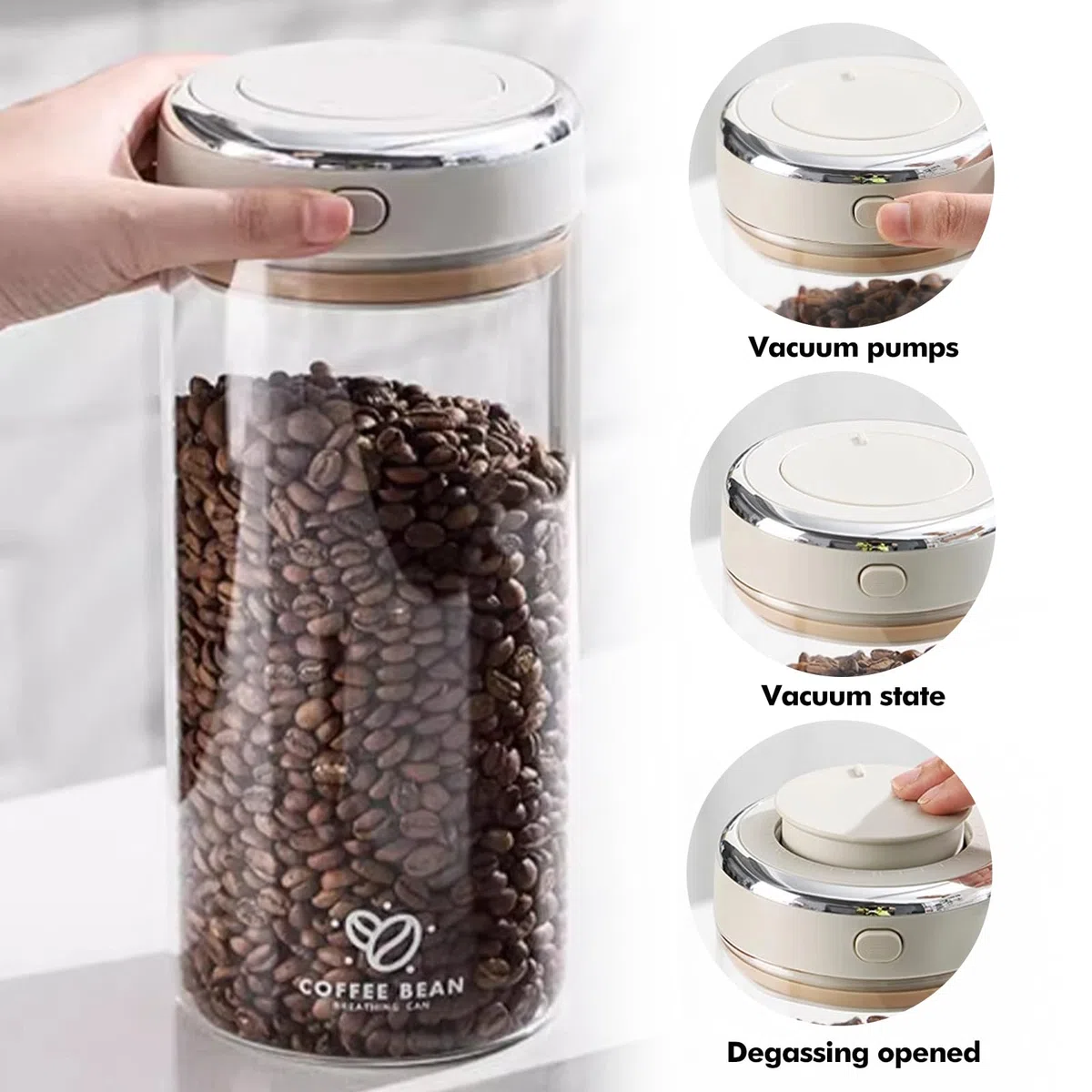 BAIFULAI Contenitore in vetro ermetico, 1,7 l, per chicchi di caffè, trasparente, con valvola di scarico, datario, contenitore per chicchi di caffè, polvere, noci, tè, cacao, foglie di tè
