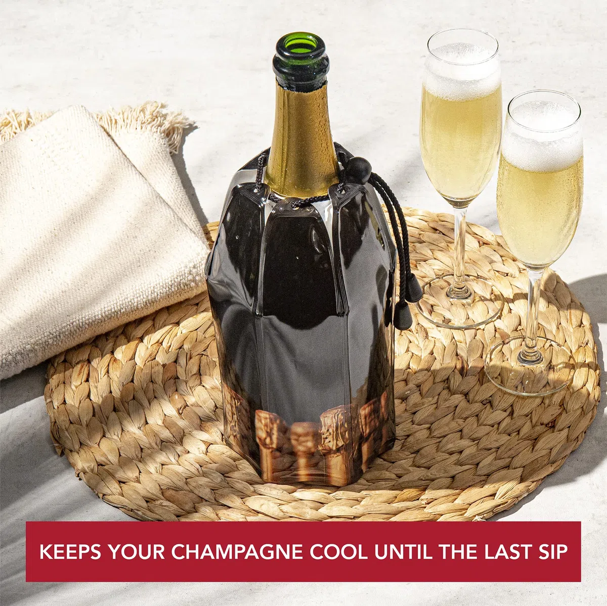 Vacu Vin Active Cooler Champagne Chiller - Reusable, Flexible Wine Bottle Cooler - Champagne Bottle Print - Champagne Cooler Sleeve For Standard Size Bottles - Insulated Champagne Bottle Chiller