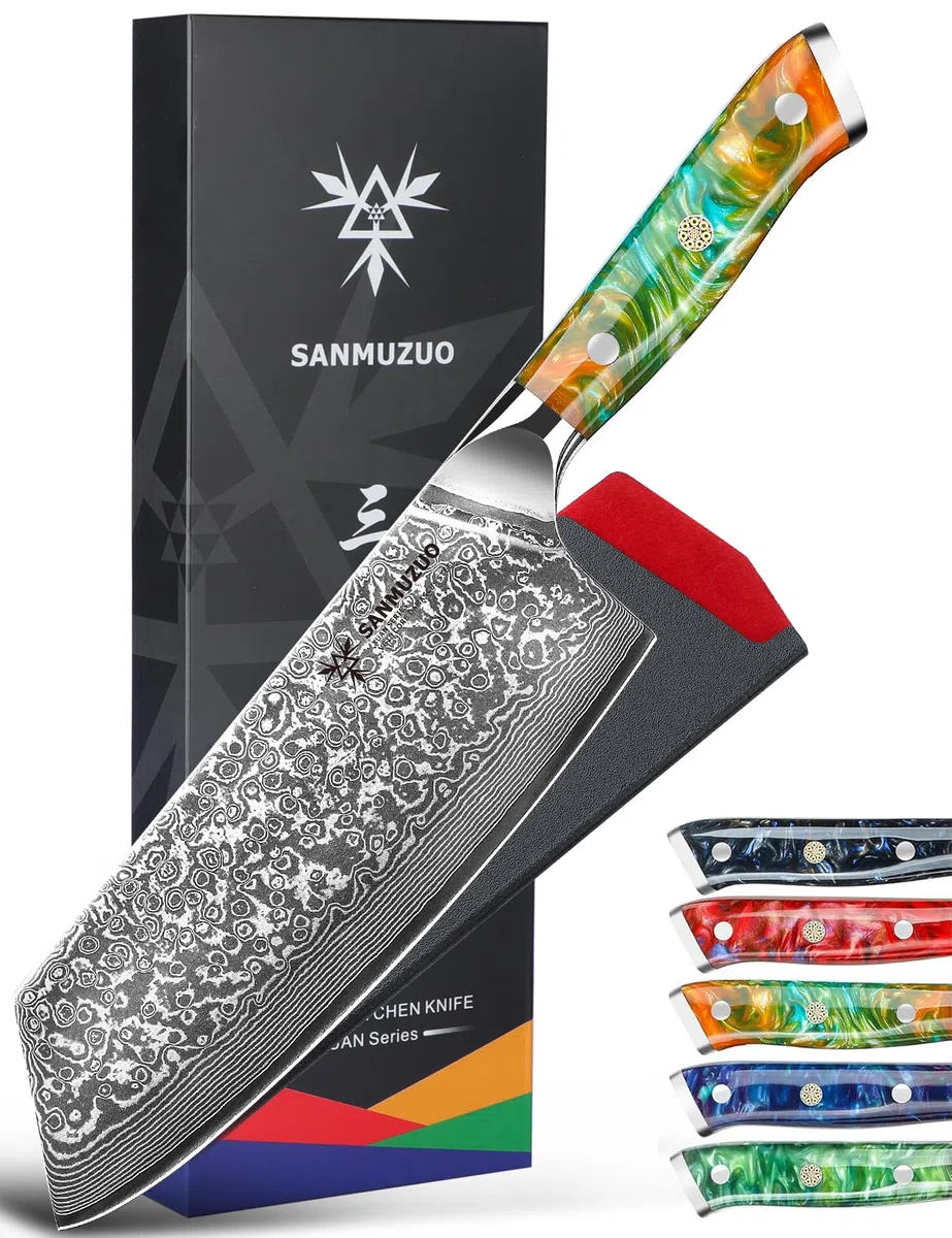 Coltello Nakiri Professionale - Coltello da Cucina 19 cm, Coltello da Chef Acciaio Damasco da 67 Strati- Impugnatura Ergonomica Resina - Xuan Series(Fantasia Arancione)