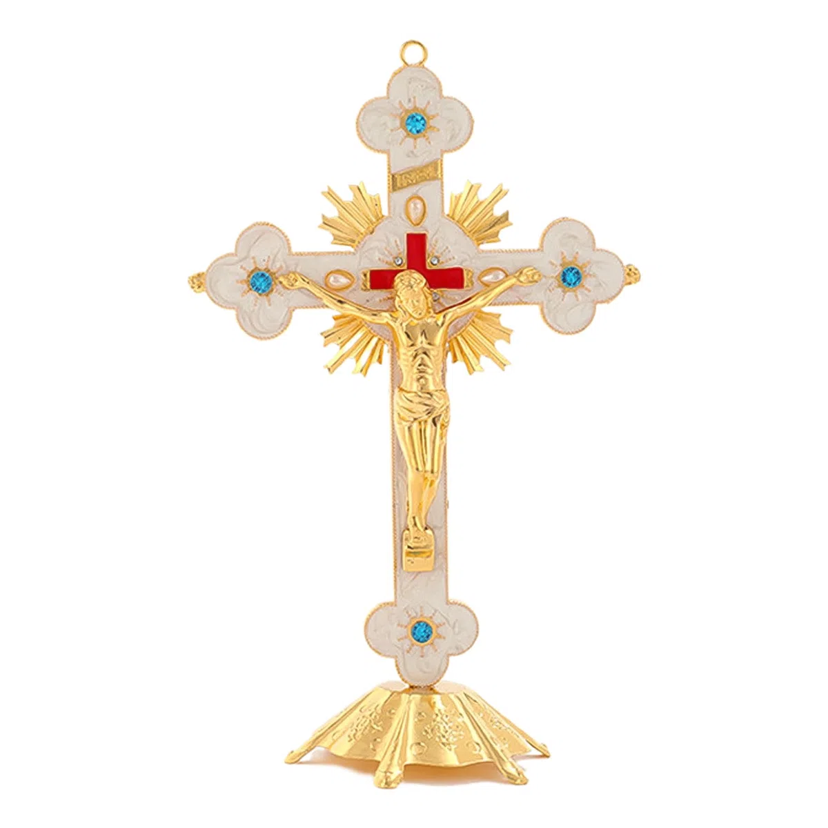 Syfunlv Croce in Metallo, Croce di Gesù Cristo, 13 x 8 x 21 cm, Oro, con Supporto da Tavolo, Classico, Religioso, Indoor, Outdoor, Regalo, Decorazione