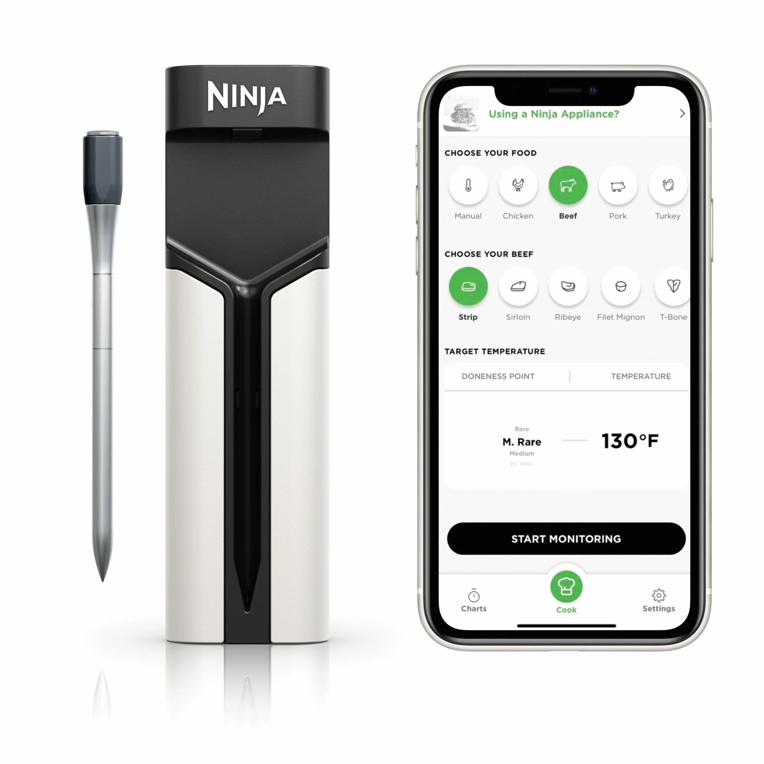 Ninja ProChef WP100EU - Termometro sonda wireless per interni ed esterni, per cucinare, grigliare e friggere ad aria, con portata Bluetooth di 50 m e durata della batteria di 30 ore, connessione