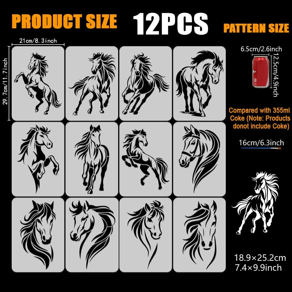 FINGERINSPIRE 12Styles Stencil per Cavallo con Pennello e Inchiostro, 29.7x21cm Stencil per Dipingere Teste di Cavallo Stencils con Motivo di Cavallo Al Galoppo Modelli con Temi Animali per Dipingere