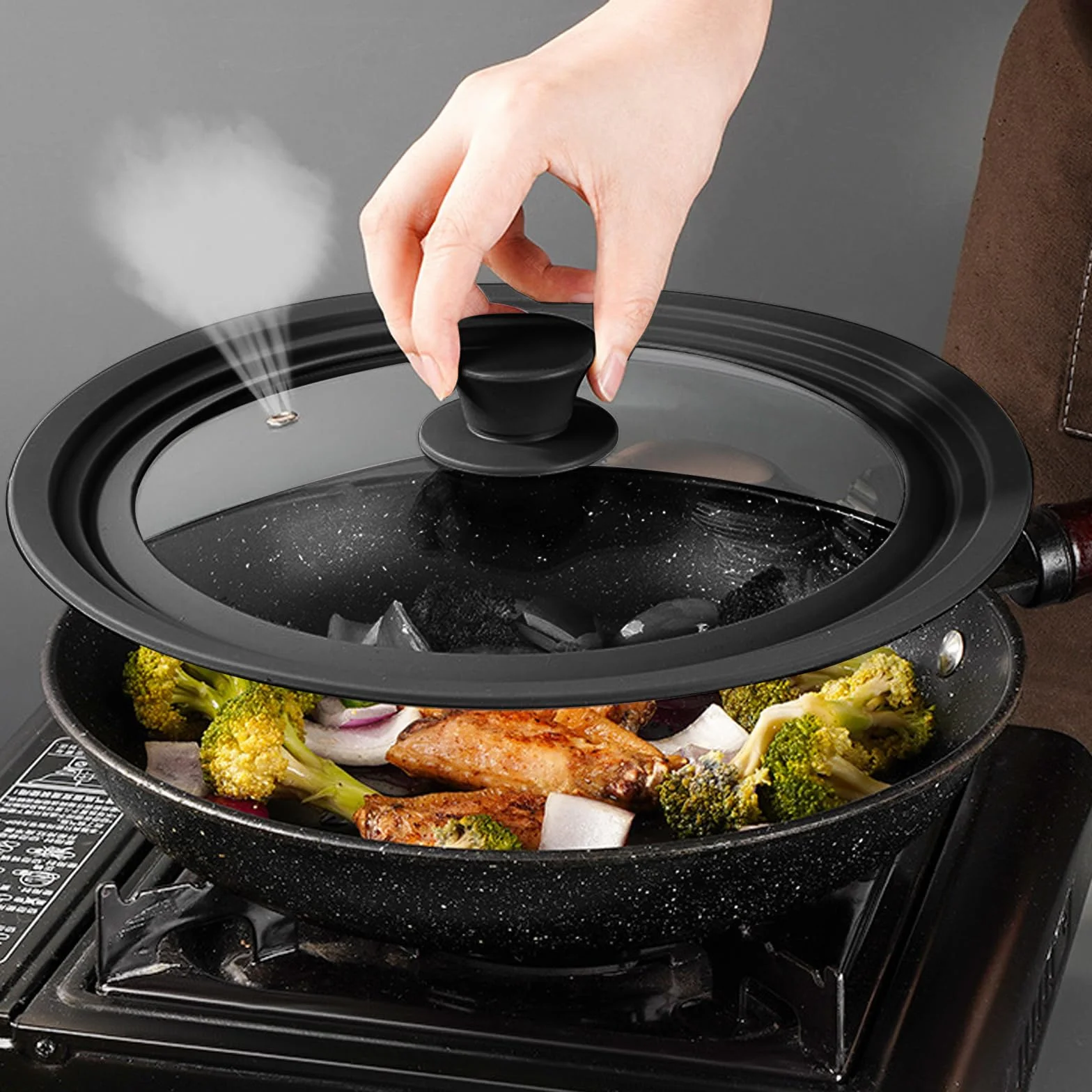 Coperchio Universale 18/20/22 cm – Coperchio in Vetro Temperato Nero con Bordo in Silicone, Foro Vapore & Manico Cool-Touch – Adatto a Pentole e Padelle, Lavabile in Lavastoviglie