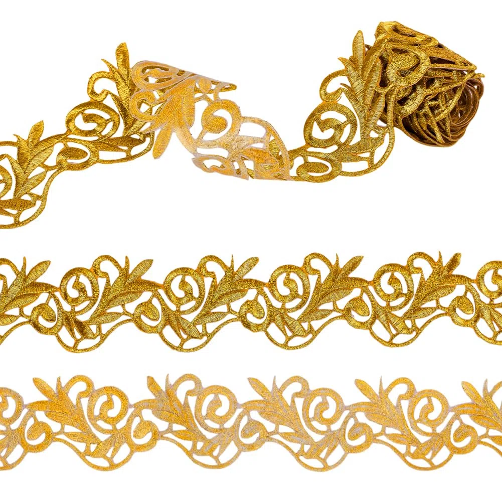 FINGERINSPIRE 2.2 Yards Trim Metallico per Sposa Oro Adesivo Ricamo Pizzo Ricamo Poliestere Trim Pizzo Floreale Artigianale per Cucire Costumi Decorazioni per La Casa Accessori