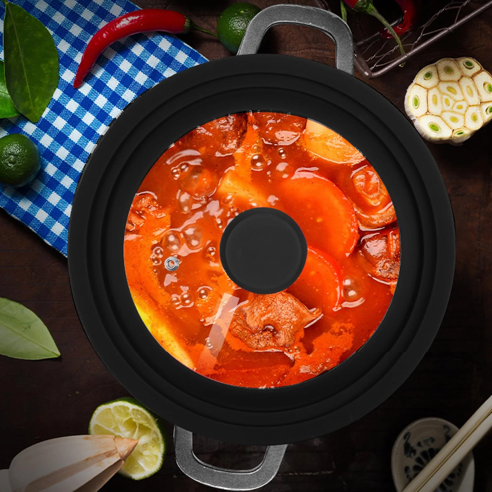 Coperchio Universale 18/20/22 cm – Coperchio in Vetro Temperato Nero con Bordo in Silicone, Foro Vapore & Manico Cool-Touch – Adatto a Pentole e Padelle, Lavabile in Lavastoviglie