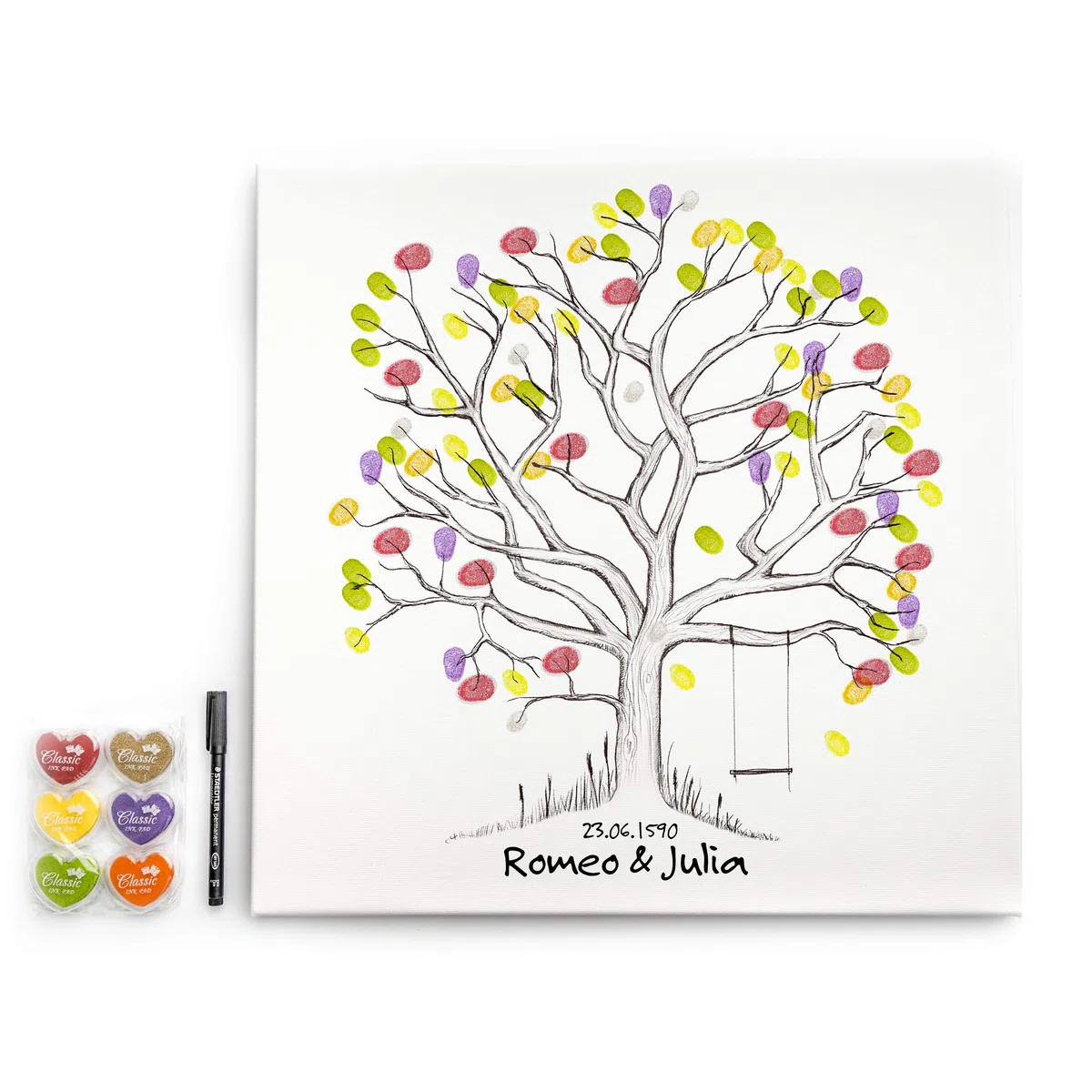 codicarts. Tela per matrimonio, anniversario, festa di famiglia, libro degli ospiti incl. timbro per impronte digitali e penna – Motivo albero con altalena – 50 x 50 cm, Made in Germany