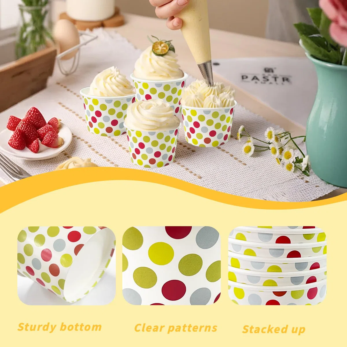 Coppette Gelato, 50 Pezzi Coppe Gelato Carta con 50 Cucchiaio Gelato, Bicchieri Gelato Carta, per Torte, Dessert, Frutta, Zuppa, Snack (Punti colorati)