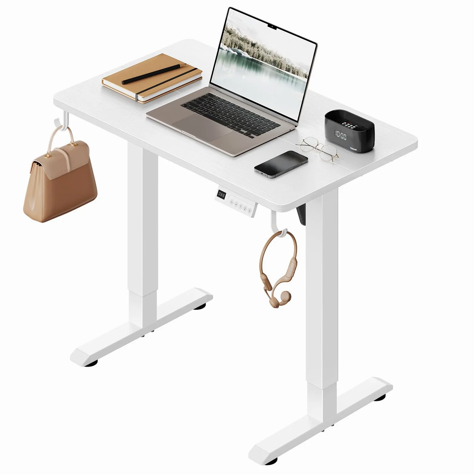 WOLTU Scrivania Elettrica Regolabile in Altezza 72-118 cm, con 3 Memorie e 2 Ganci – Bianco, Silenziosa, Capacità di Carico 80 kg – per Ufficio, Casa, Gaming e Studio, 80x48 cm