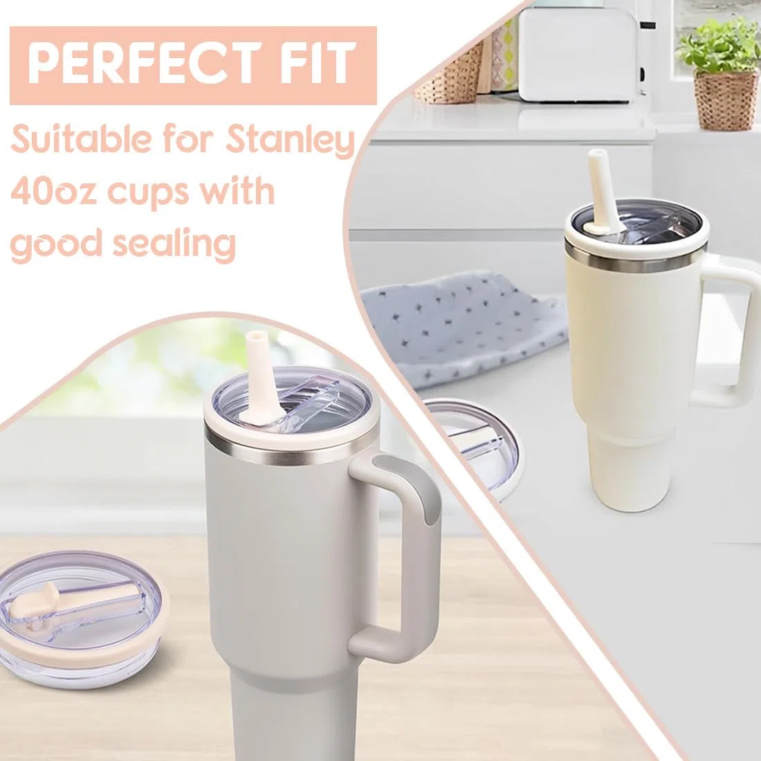 Stanley Cup Set di 2 Pezzi Coperchio Impermeabile, Sostituzione 40 Oz Con Accessori e 2 Pezzi Cannuccia (Rosa+Bianco)
