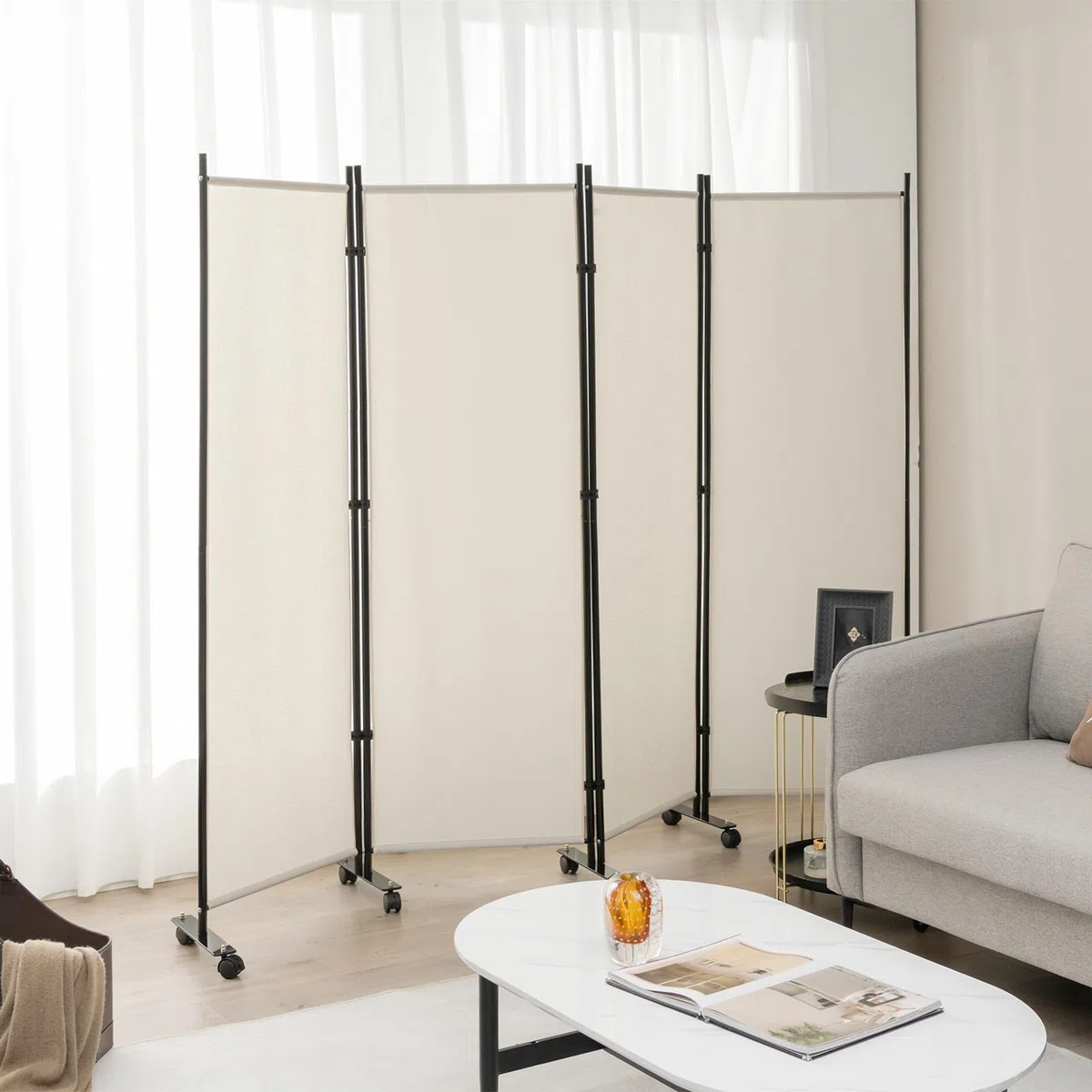 LIFEZEAL Divisorio a 4 Pannelli, Separè per Interno, Esterno, Paravento Mobile, Pieghevole, Parete Divisoria, Telaio in Metallo, con 10 Ruote, Protezione di Privacy, Separatore di Spazio (beige)