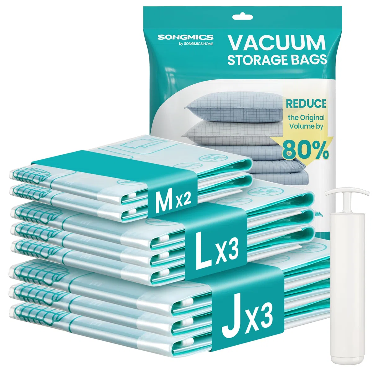 SONGMICS Sacchetti Sottovuoto, Sacchi Buste per Vestiti Lenzuola Armadi Viaggi, Compatti e Riutilizzabili, Pompa a Mano Inclusa, 8 Pezzi, 2M/3L/3J, Trasparente LVB105W101