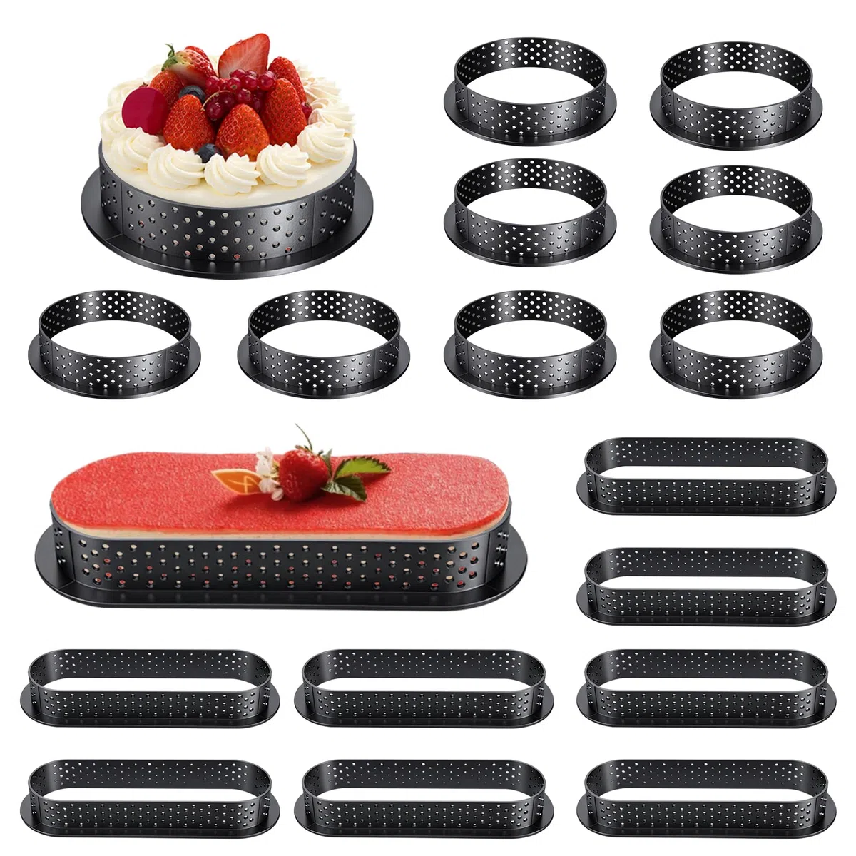 Anello Crostata Forato 16 Pezzi, Anello Microforato Cerchi per Dolci Tondi e Ovali con Fori di Aerazione, Coppa Pasta Perforata per Mousse e Dessert, Piccole Tortiere per Decorazione DIY