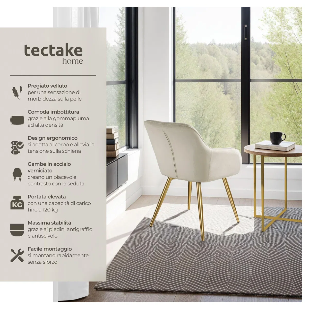tectake® Set 2 Sedie Sala da Pranzo Effetto Velluto, Sedie Soggiorno con Morbida Imbottitura, Seduta Ergonomica, Poltrone Velluto Versatili, Sedie Design Moderno - Crema/Oro