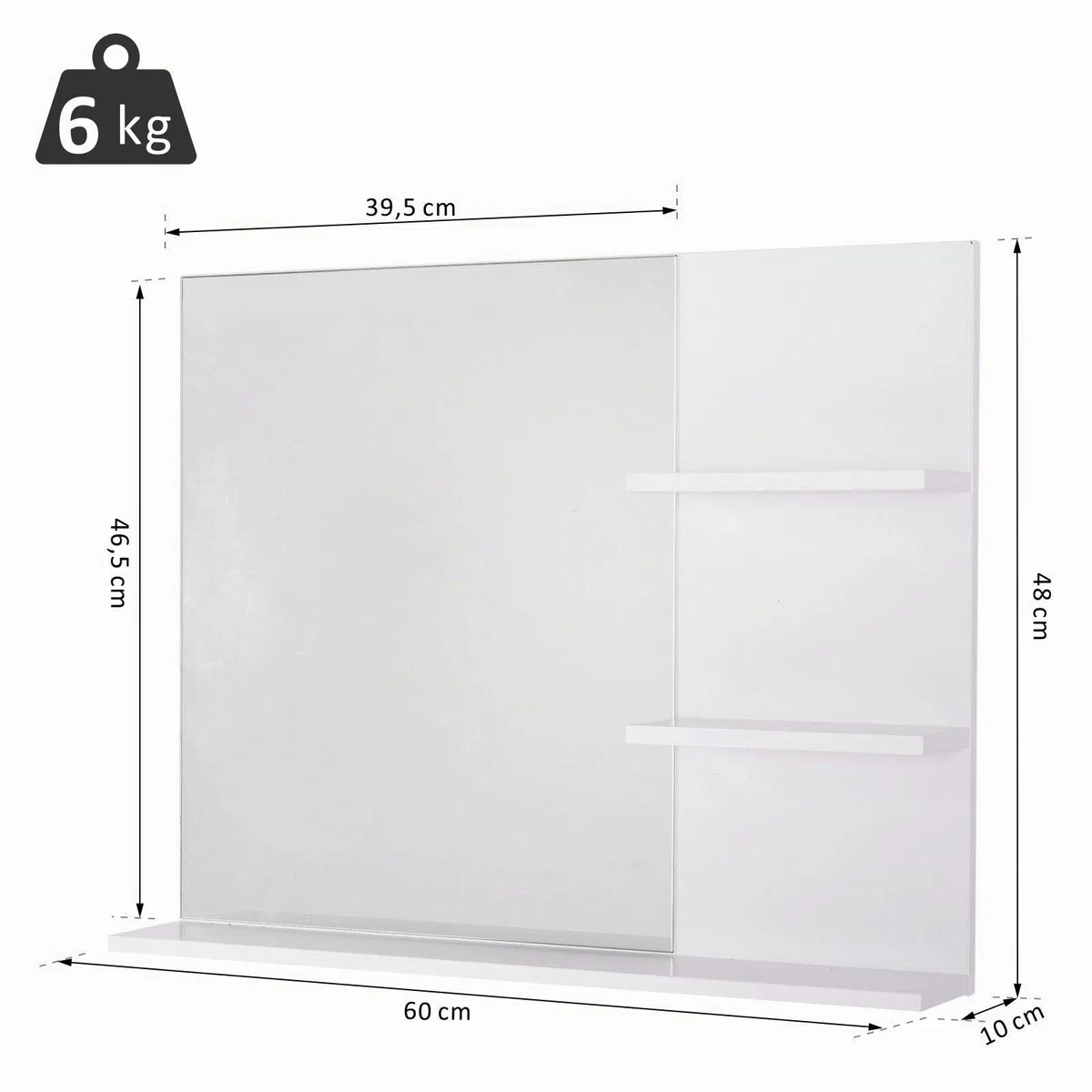 kleankin Specchio da Bagno con 2 Ripiani Laterali e Ripiano Inferiore, Specchio Moderno con Montaggio a Parete, in MDF e Vetro, 60x10x48 cm, Bianco