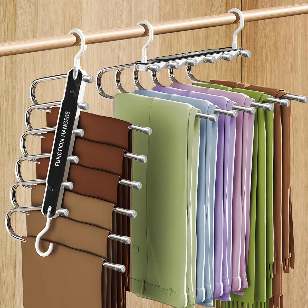 MOYKSRR 6 in 1 Grucce Pantaloni, 2 Pezzo Acciaio Inossidabile Grucce Pantaloni, Appendini Salvaspazio Armadio, Appendini Portatili Multifunzionali Adatto per Pantaloni, Jeans, Sciarpe, Gonne