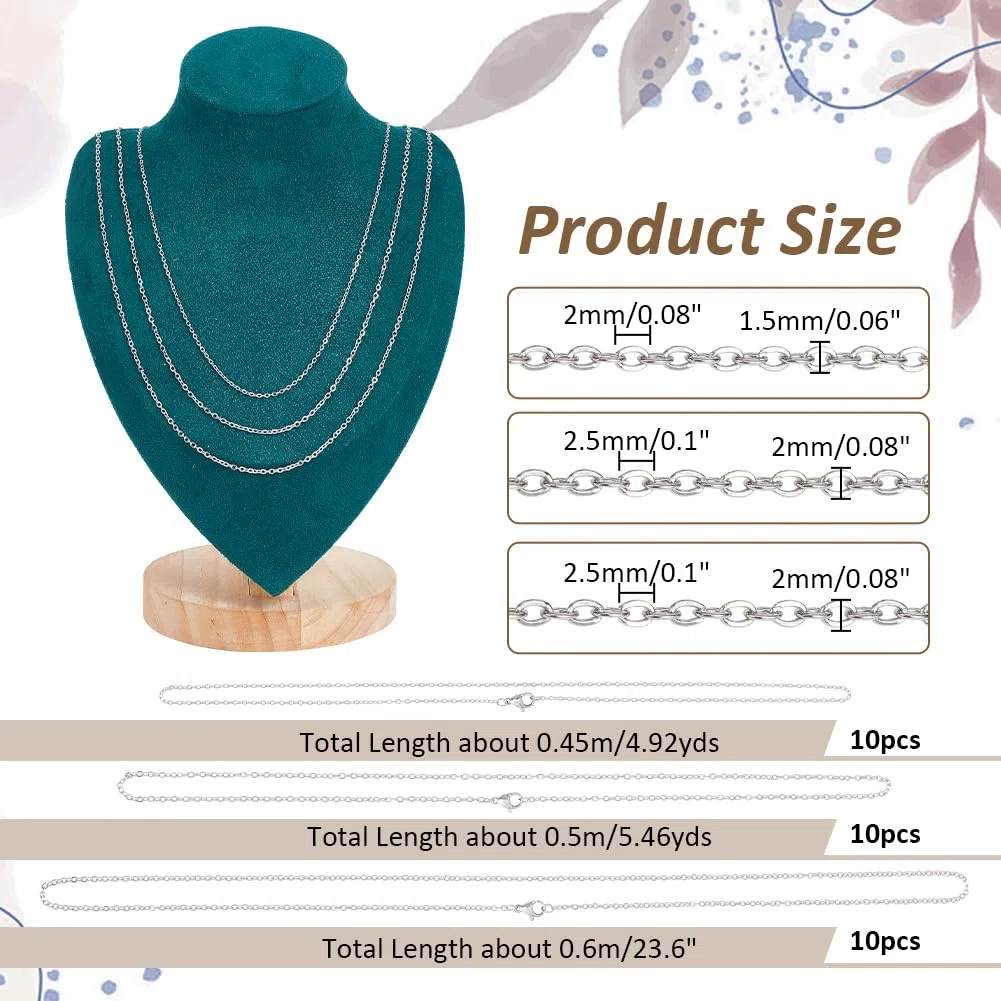 NBEADS 30 pz 304 Catene in Acciaio Inossidabile, 3 Stili Collana con Catena per Creazione di Gioielli Collana in Argento con Catena Portacavi Set per Creazione di Collane con Perline, 45~60cm