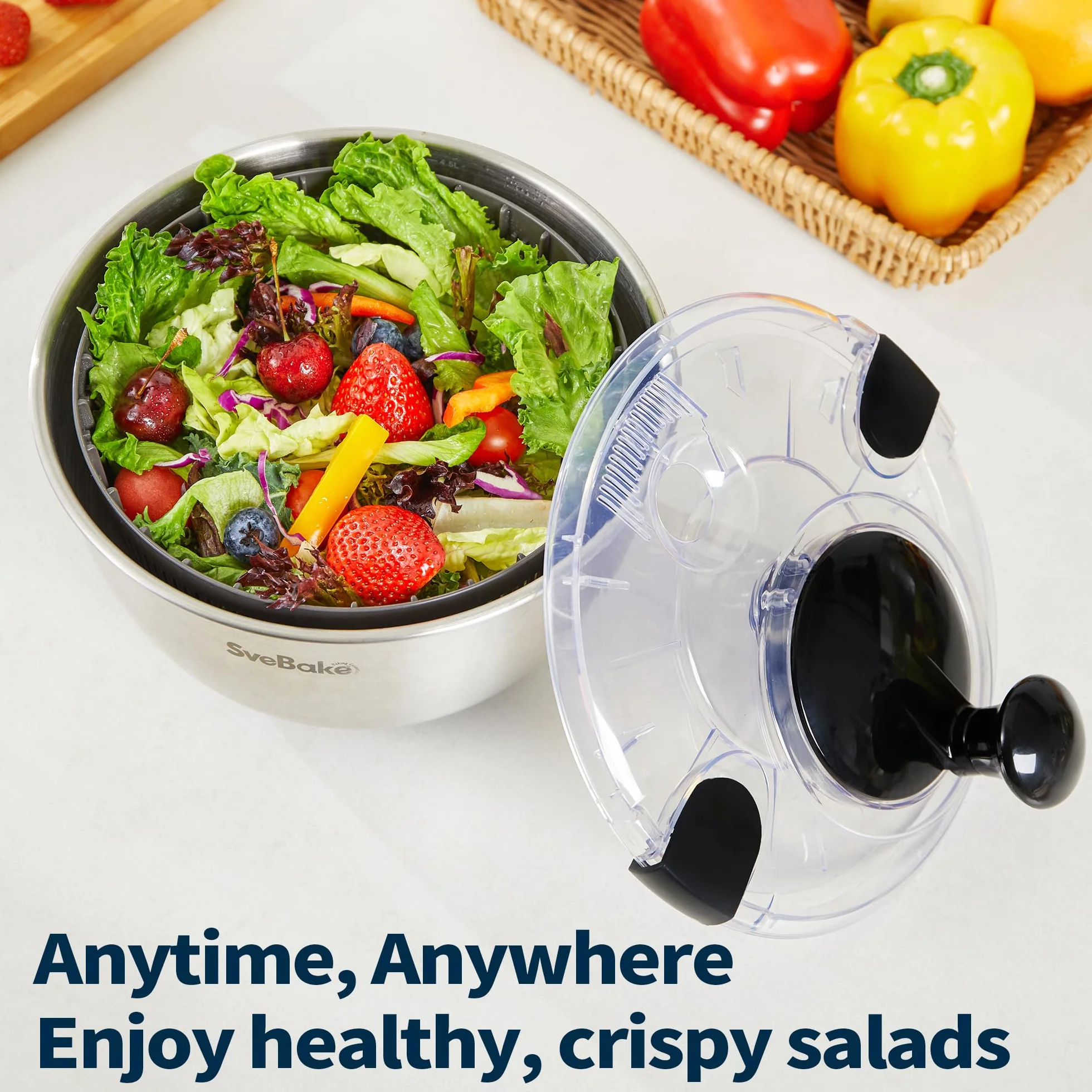 SveBake centrifuga insalata in acciaio inox 18/10 con manovella e ciotola da 4,5 litri, asciuga insalata centrifuga, lavabile in lavastoviglie